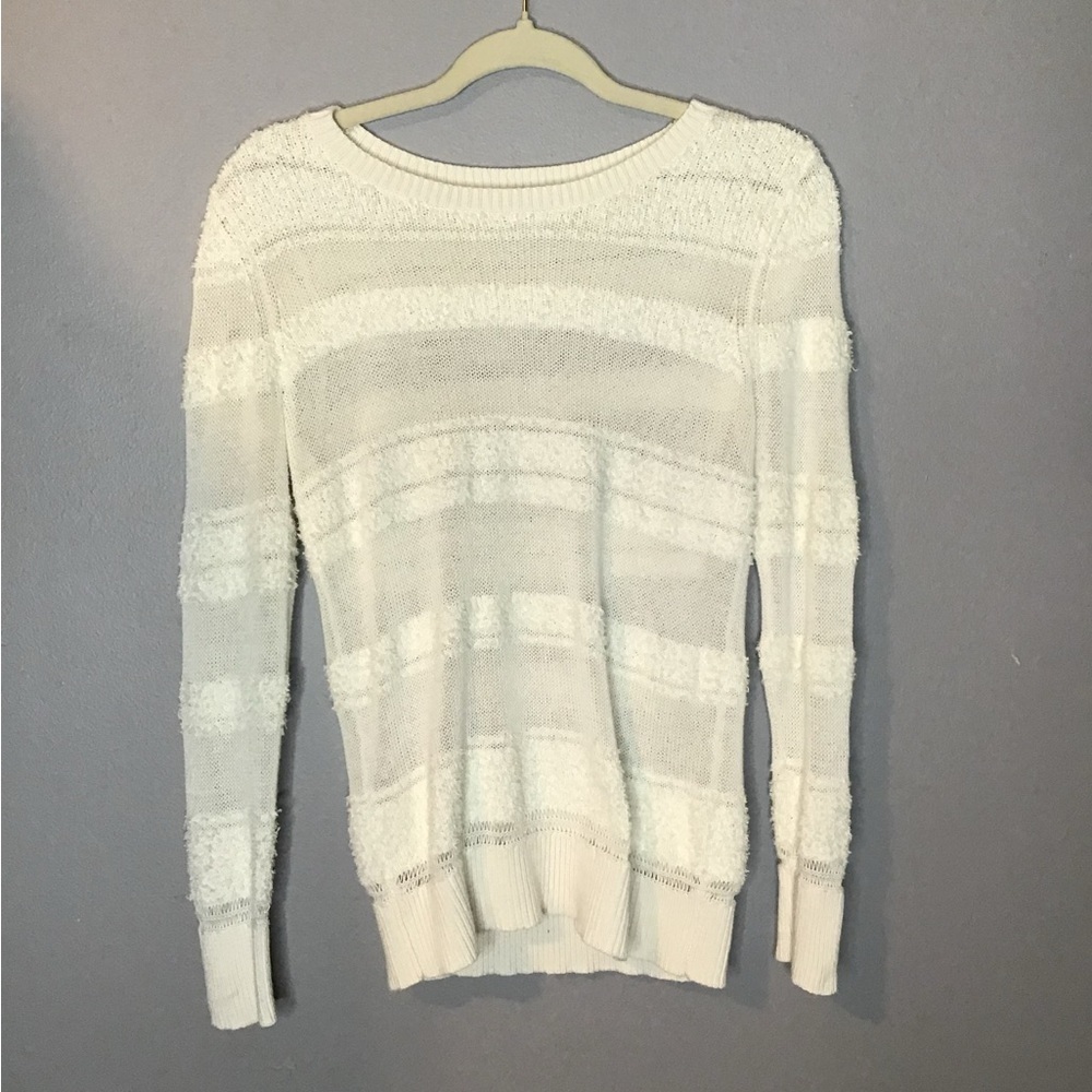 Ann Taylor Loft White Textured Stripe Long Sleeve Sweater Medium MP Petite